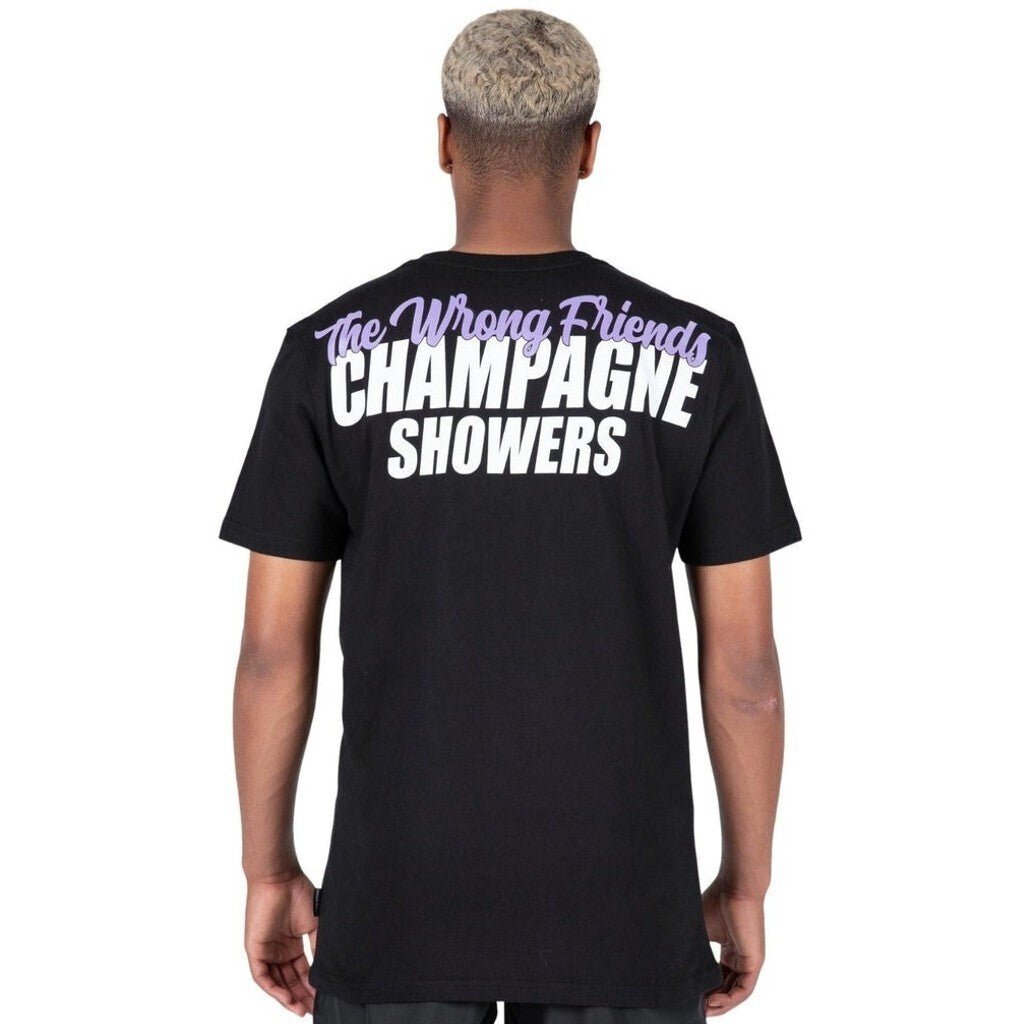 CHAMPAGNE SHOWERS T - SHIRT - BLACK - WRONG FRIENDS