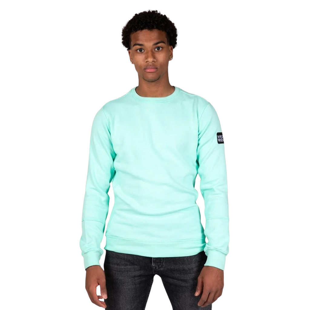 Model wearing the light green Wrong Friends Leon crewneck, with branded sleeve patch.