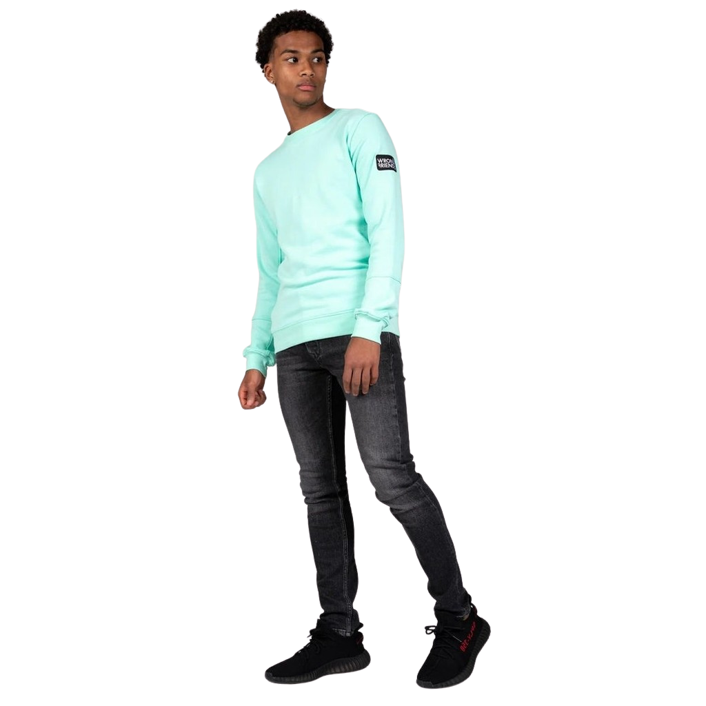 Model wearing the light green Wrong Friends Leon crewneck, with branded sleeve patch.