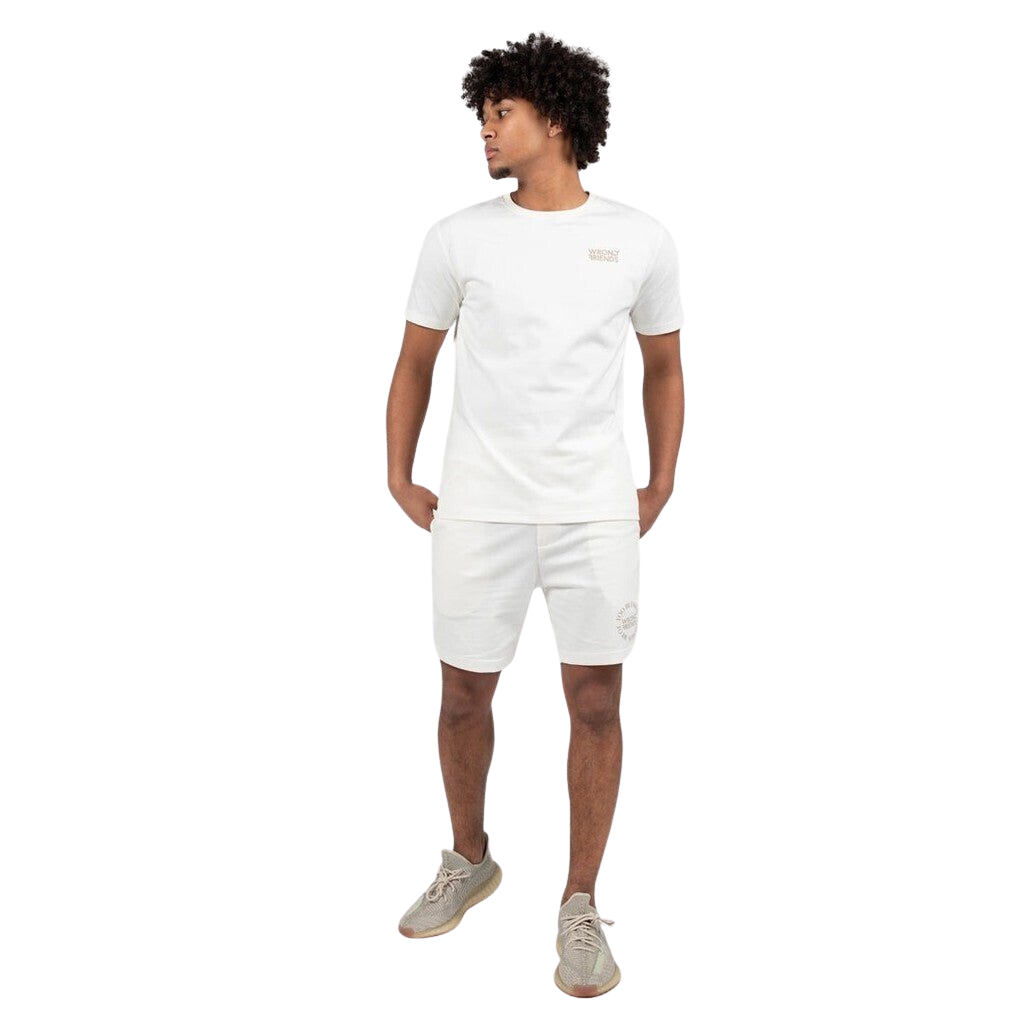 Model wearing the Wrong Friends Safi Shorts paired with a matching T-shirt.